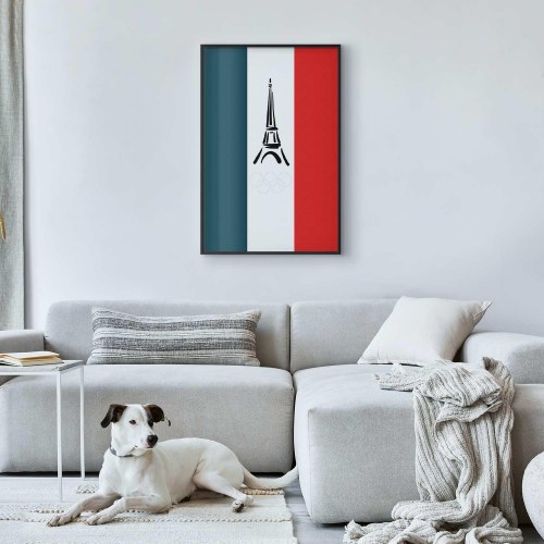 Plakat med grafisk Eiffeltårn mod fransk flag