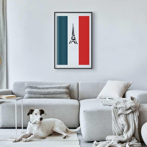 Plakat med grafisk Eiffeltårn mod fransk flag