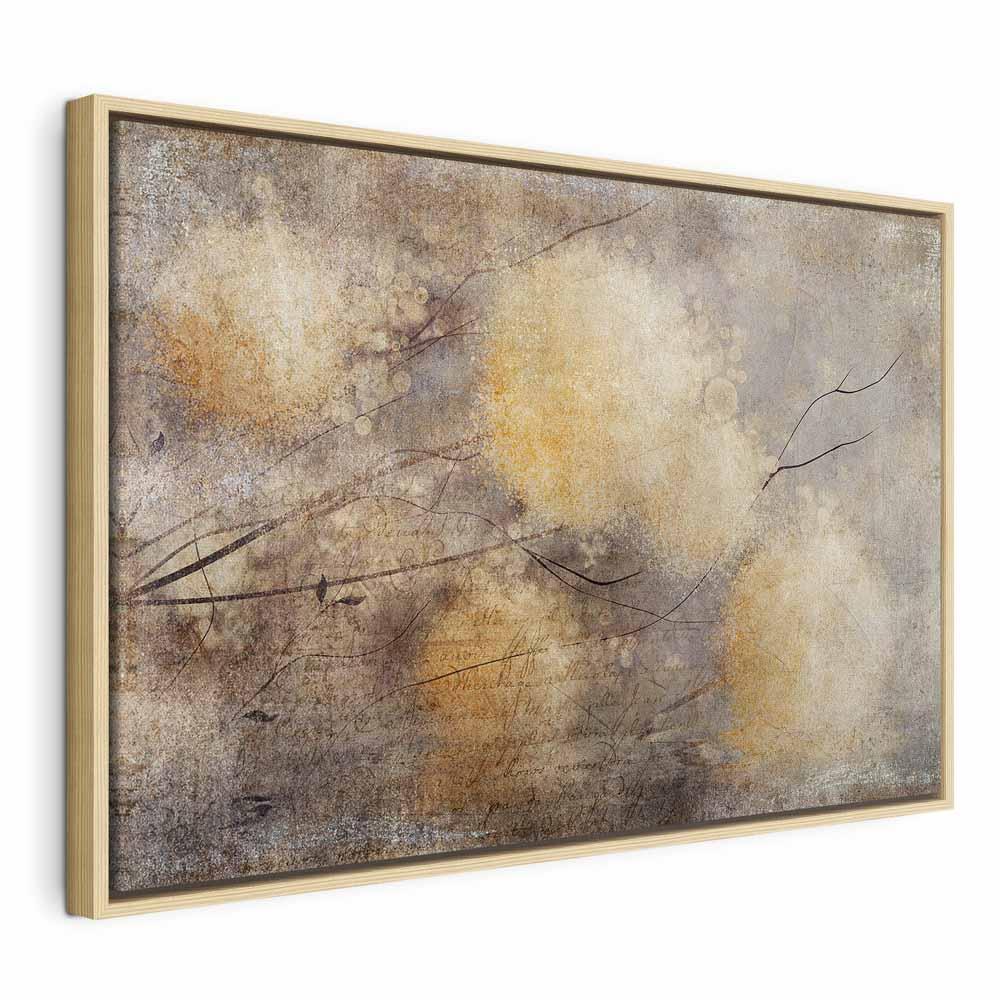 Lærredsbillede Sunny Buds - abstrakt vægdekoration i bredt format - 120 x 80 cm - I en naturlig træramme