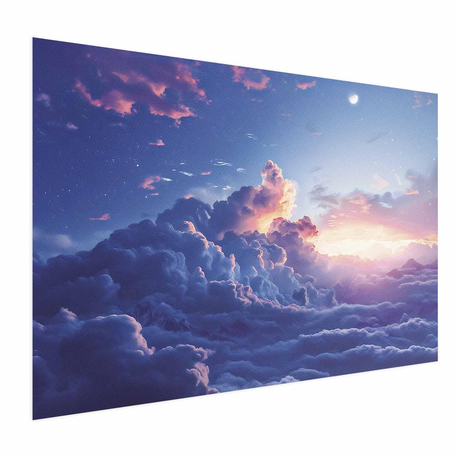 Plakat - Natkoncert i bjergene: Skyer oplyst af solens sidste stråler vægplakat - 30 x 21 cm - Uden ramme