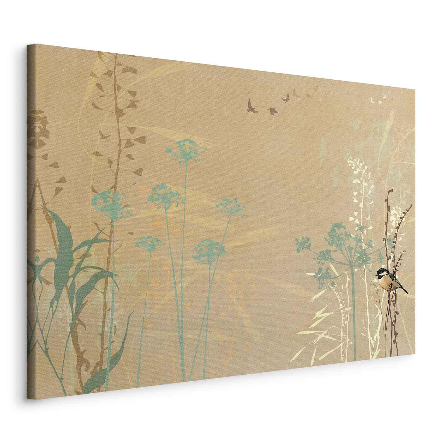 Lærredsbillede Tiny Bird - Farverige græsser i solnedgangens gyldne nuancer - 120 x 80 cm - På italiensk lærred billede