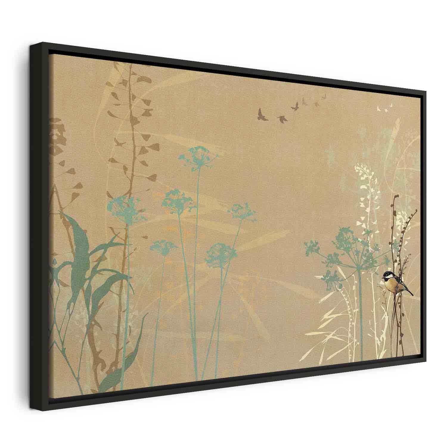 Lærredsbillede Tiny Bird - Farverige græsser i solnedgangens gyldne nuancer - 90 x 60 cm - I en sort træramme billede