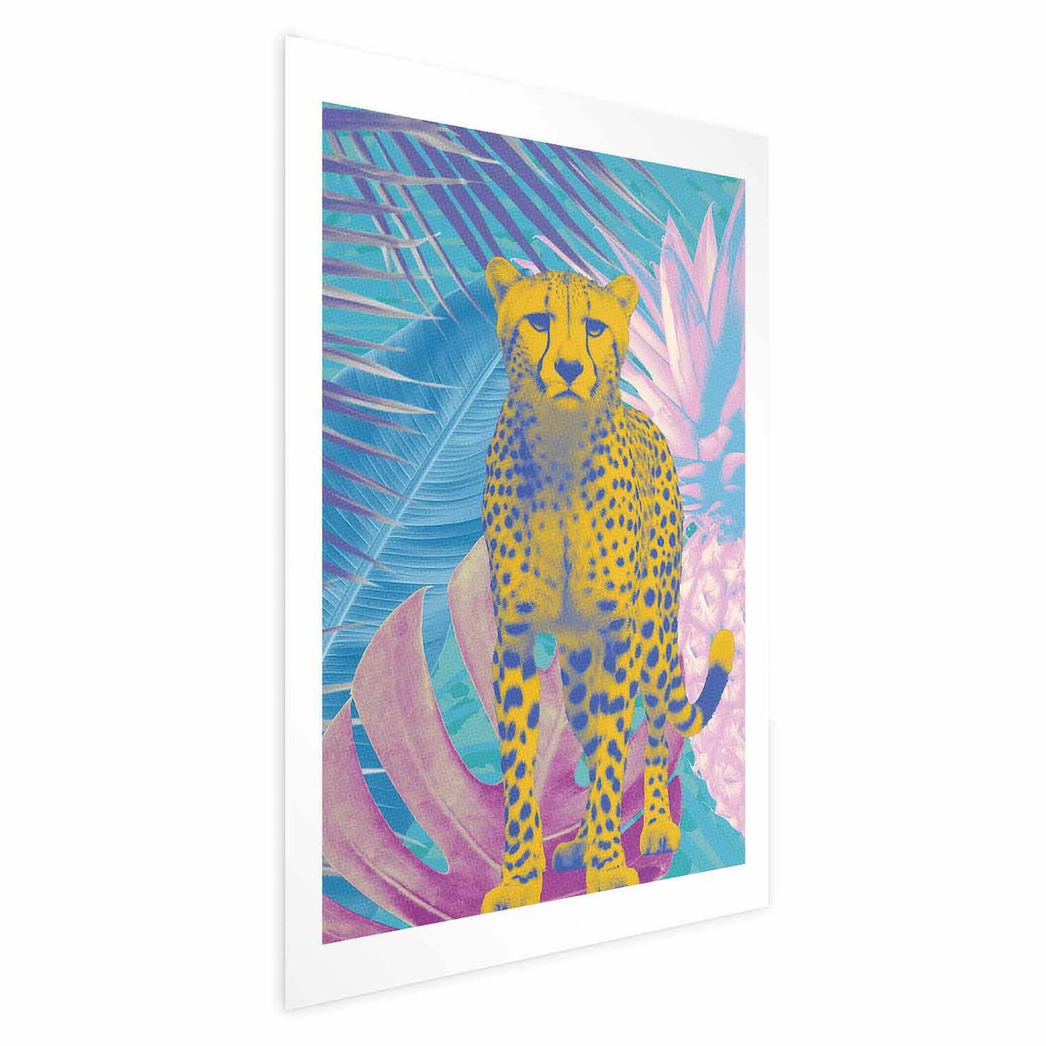 Plakat Exotic Leopard - farverigt dyreportræt med tropiske blade - 60 x 90 cm - Uden ramme billede