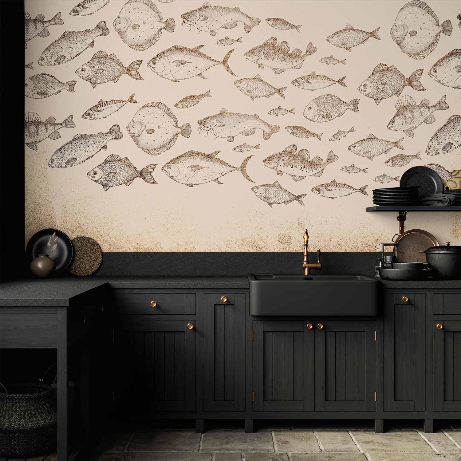 Fototapet med diskrete fisk - Japandi vægdekoration - 400 x 280 cm - Vandtæt