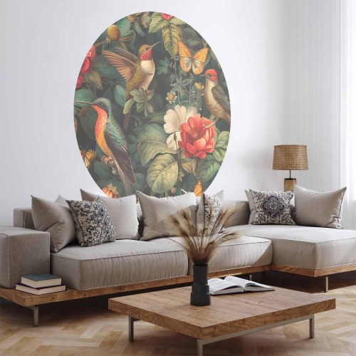 Rundt fototapet med blomster, fugle og sommerfugle i vintagestil