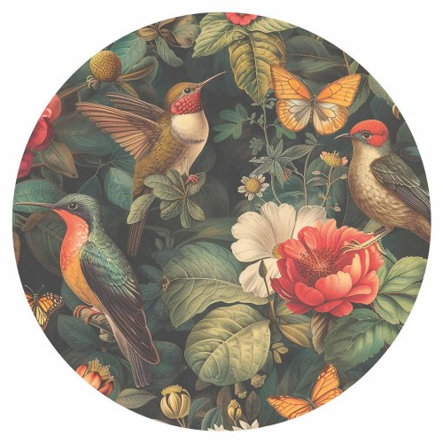 Rundt fototapet med blomster, fugle og sommerfugle i vintagestil