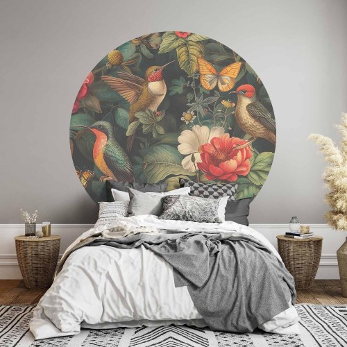 Rundt fototapet med blomster, fugle og sommerfugle i vintagestil