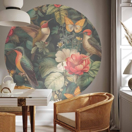 Rundt fototapet med blomster, fugle og sommerfugle i vintagestil