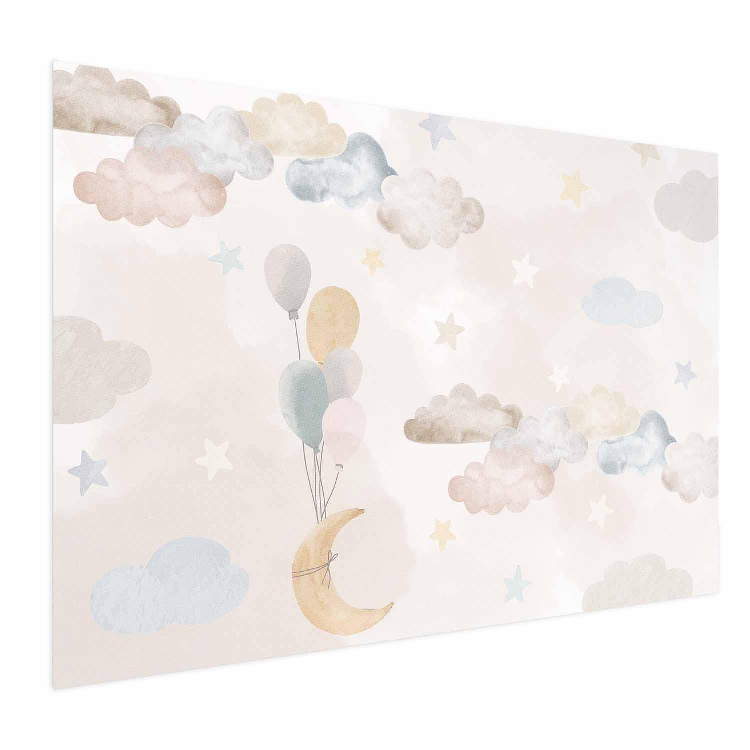 Børneplakat Eventyrhimmel med måne, skyer og balloner - 30 x 21 cm - Uden ramme