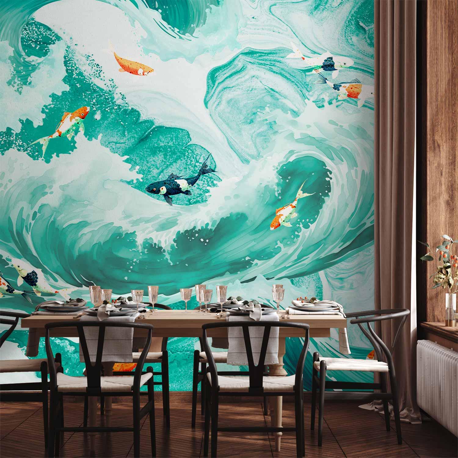 Fototapet med fisk og bølger - 400 x 280 cm - Vandtæt