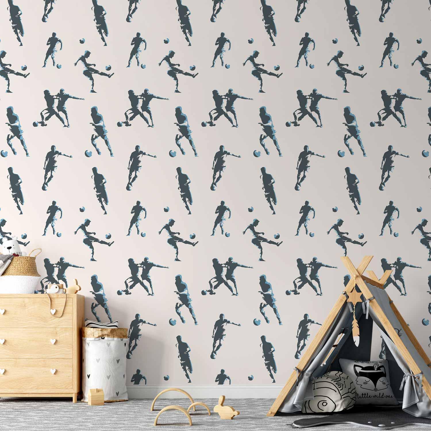 Tapet med fodboldmotiver på beige baggrund - Traces and Balls - 50 x 1000 cm - Standard billede