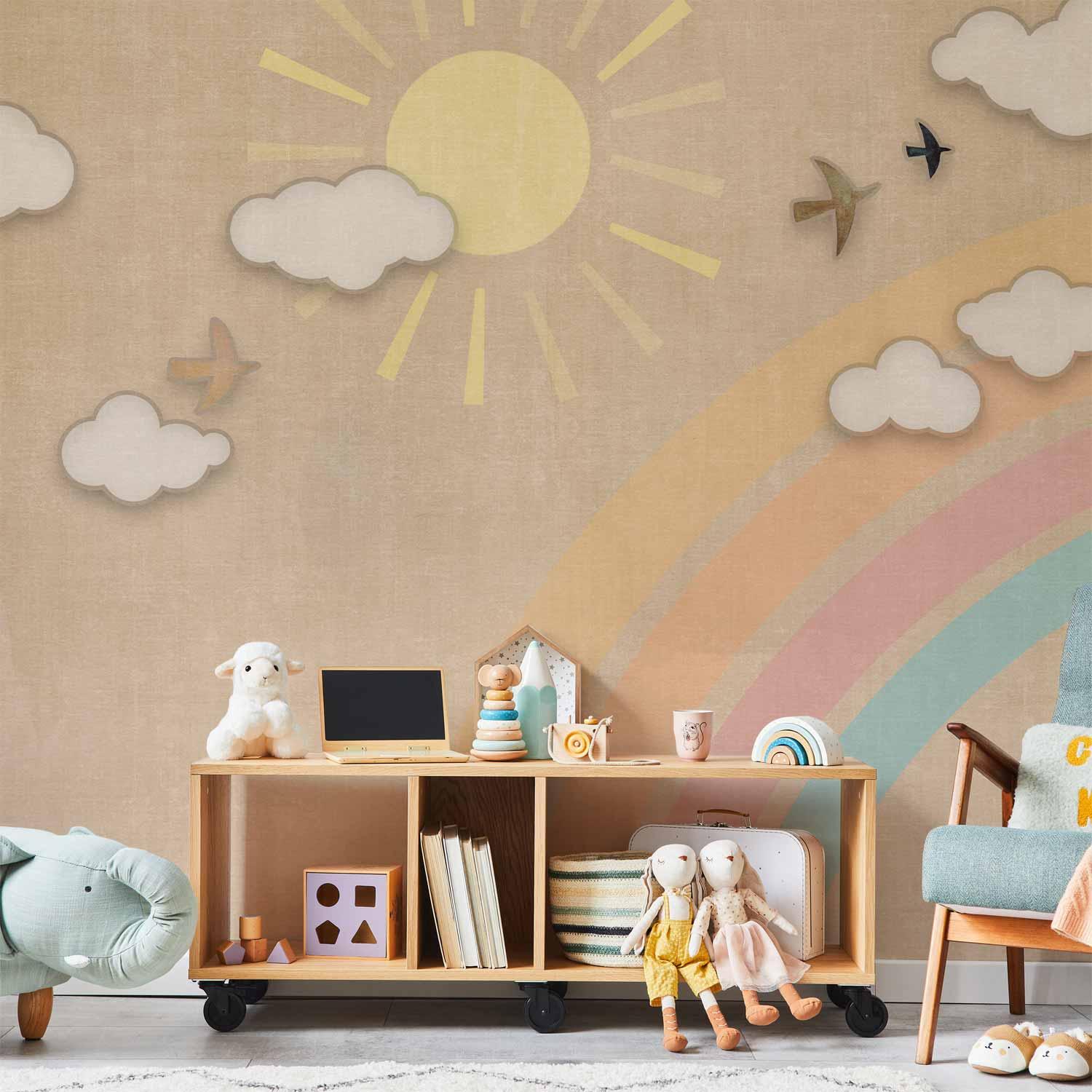 Fototapet Rainbow Day med regnbue, sol og skyer til børneværelse - 250 x 175 cm - Standard