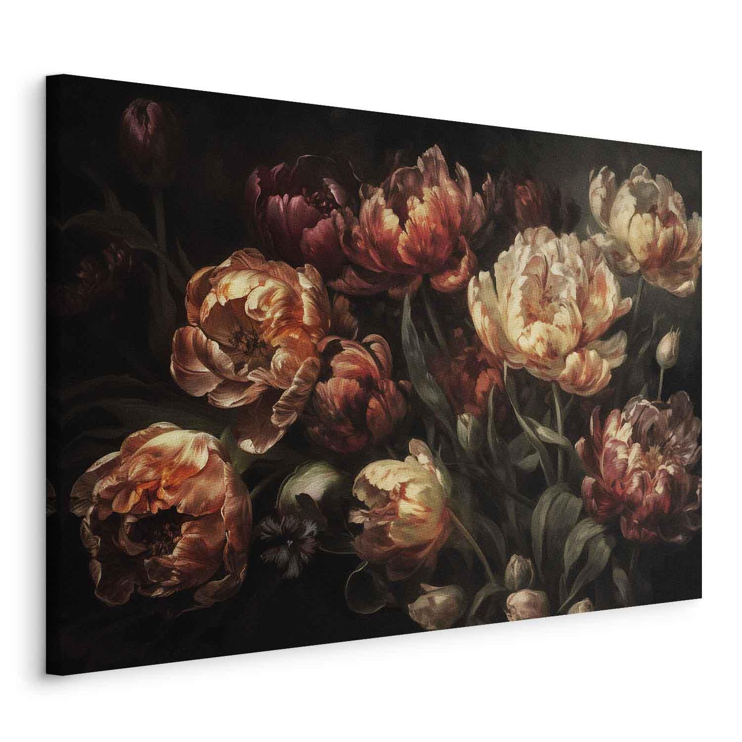 Lærredsbillede Blooming tulips - blomsterbillede til væg med tryk på lærred - 120 x 80 cm - På italiensk lærred