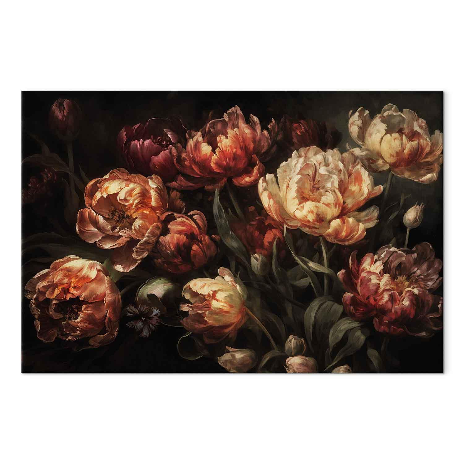 Lærredsbillede Blooming tulips - blomsterbillede til væg med tryk på lærred - 120 x 80 cm - Akustisk
