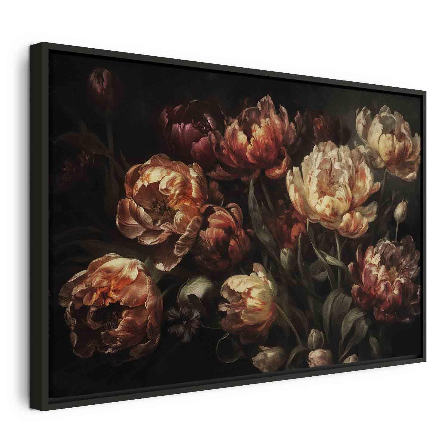 Lærredsbillede Blooming tulips - blomsterbillede til væg med tryk på lærred - 120 x 80 cm - I en sort træramme