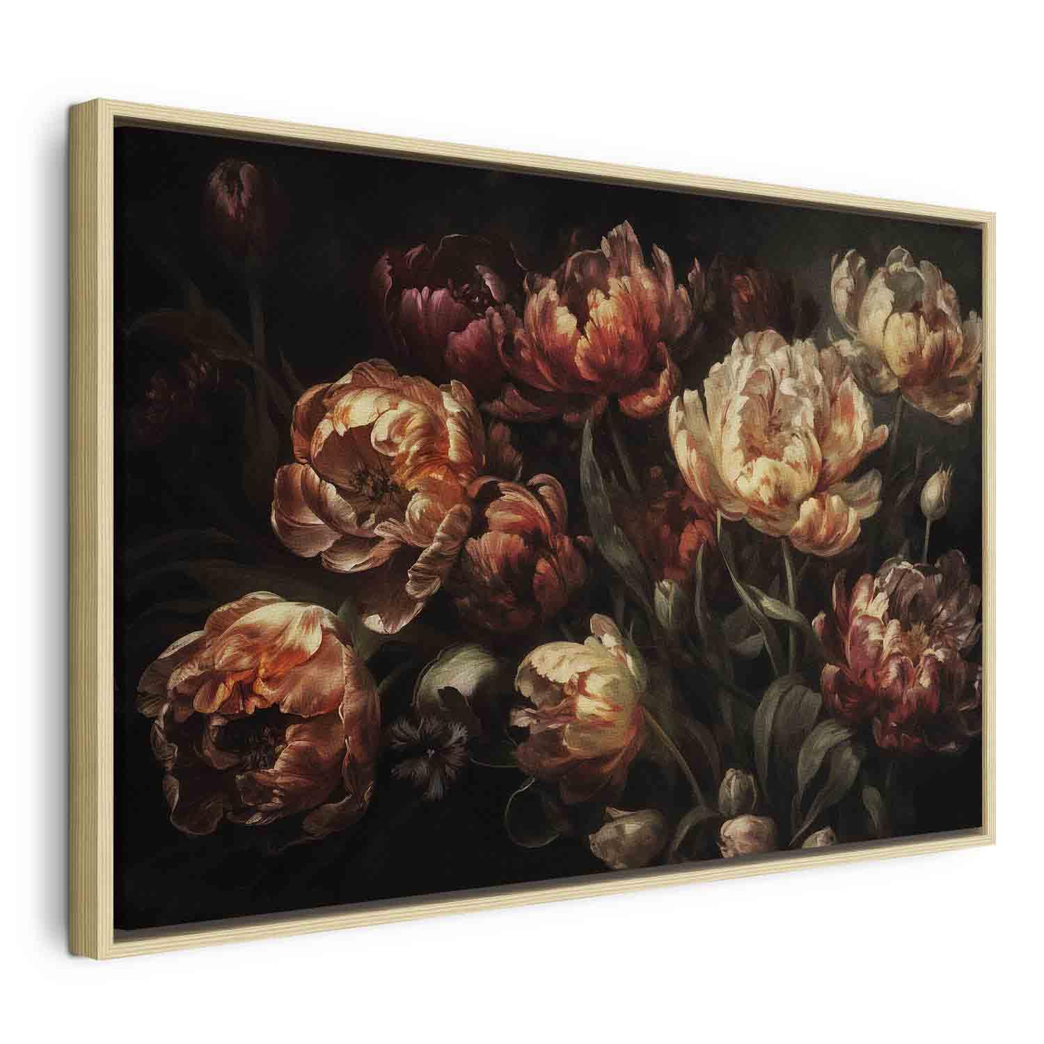 Lærredsbillede Blooming tulips - blomsterbillede til væg med tryk på lærred - 120 x 80 cm - I en naturlig træramme