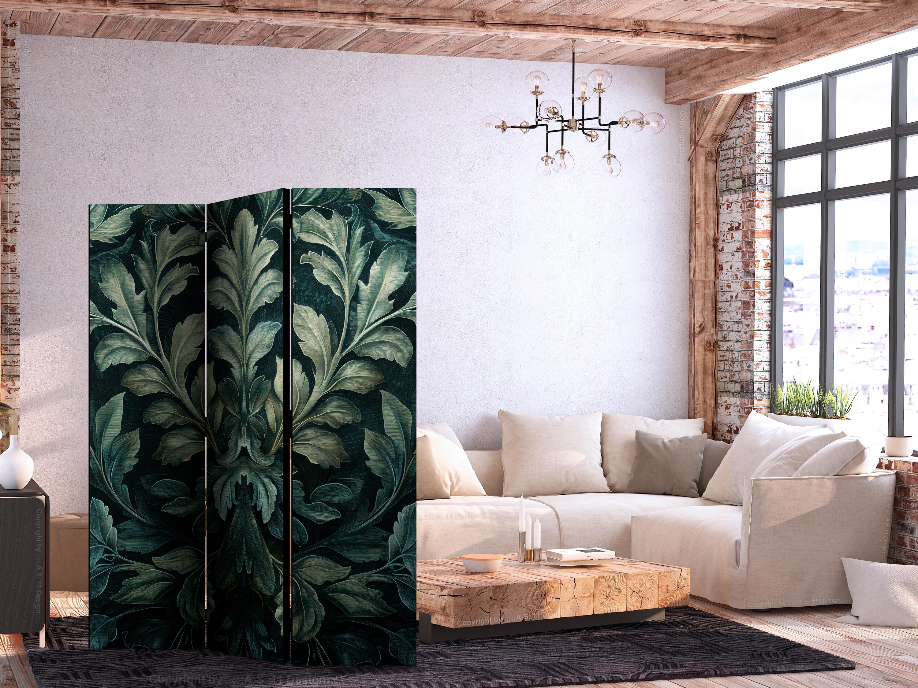 Skærmvæg med mørkegrønne victorianske blade - 3-panels rumdeler - 135 x 172 cm - Akustik billede
