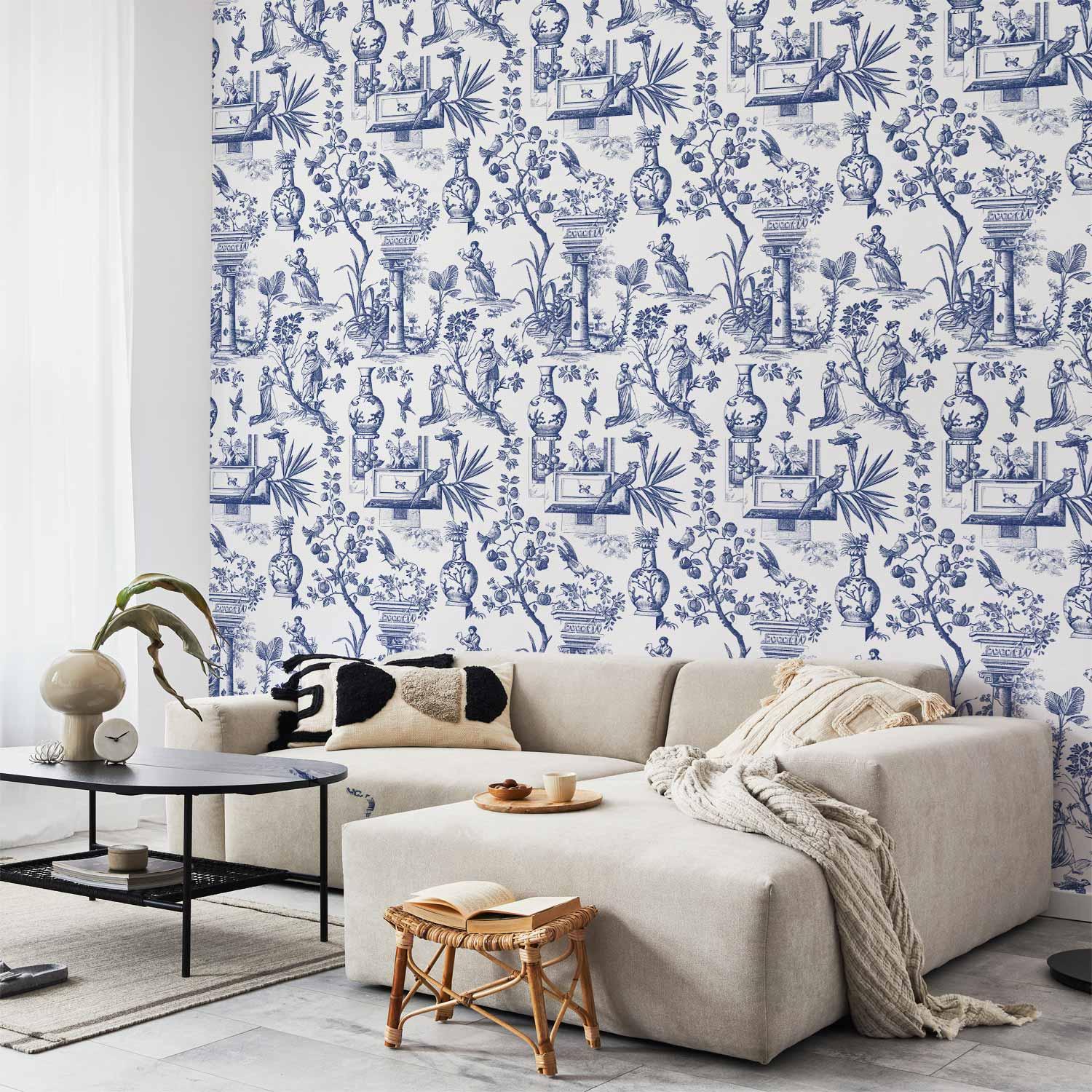 Fototapet Blue antique med græske og botaniske motiver - 50 x 1000 cm - Standard
