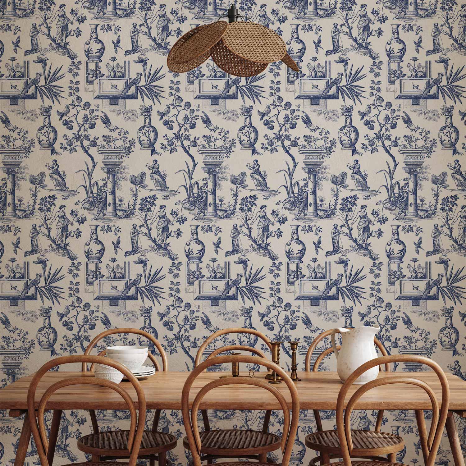 Fototapet Blue antique med græske og botaniske motiver - 50 x 1000 cm - Vandtæt
