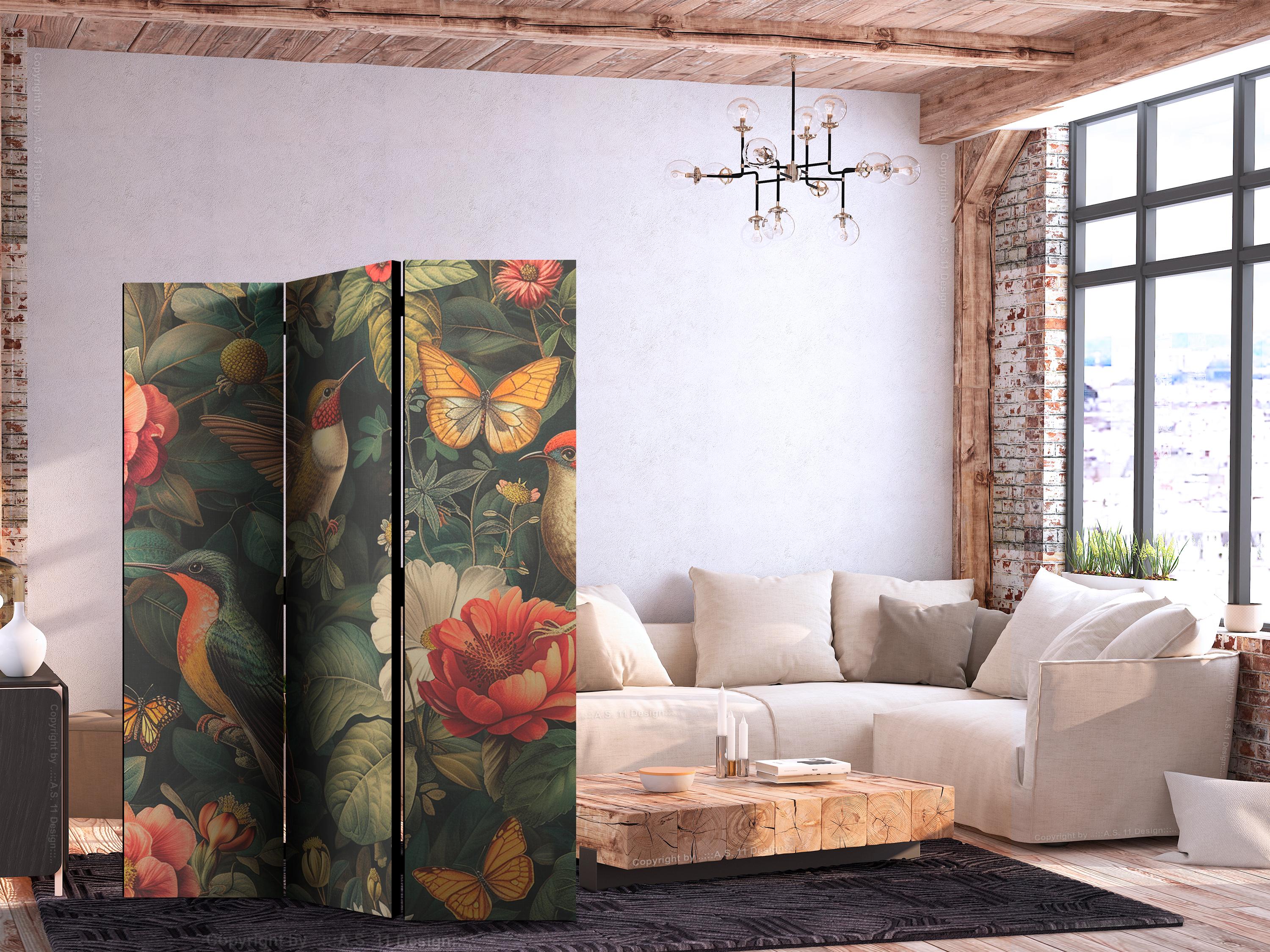 Skærmvæg til rumdeler - I den botaniske have - blomster, fugle og sommerfugle - farverig illustration - 135 x 172 cm - Enkeltsiddet billede