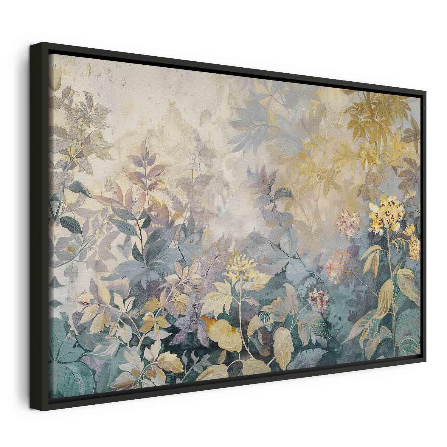 Billede på lærred - gobelinmønster med eng og blomster, forårsmotiv - 60 x 40 cm - I en sort træramme