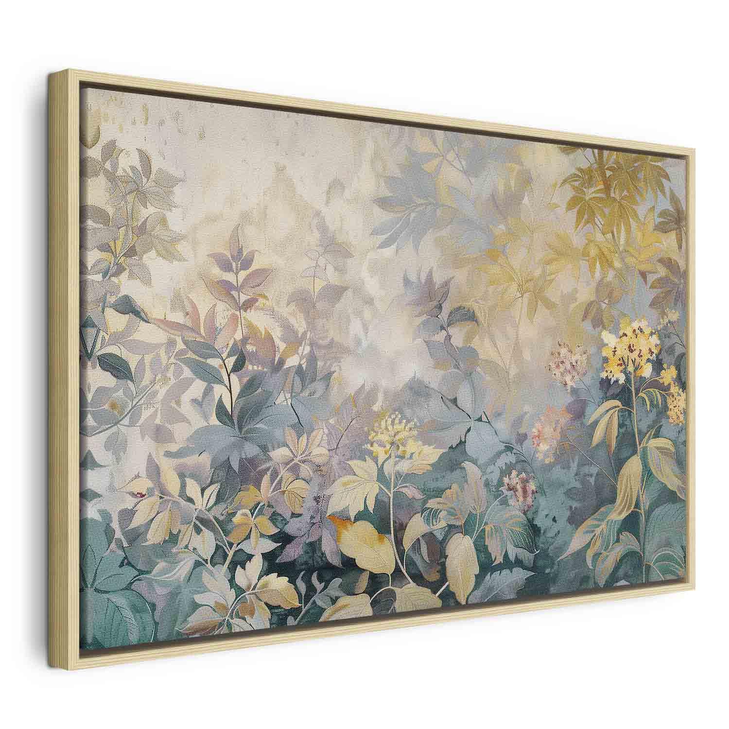 Billede på lærred - gobelinmønster med eng og blomster, forårsmotiv - 60 x 40 cm - I en naturlig træramme
