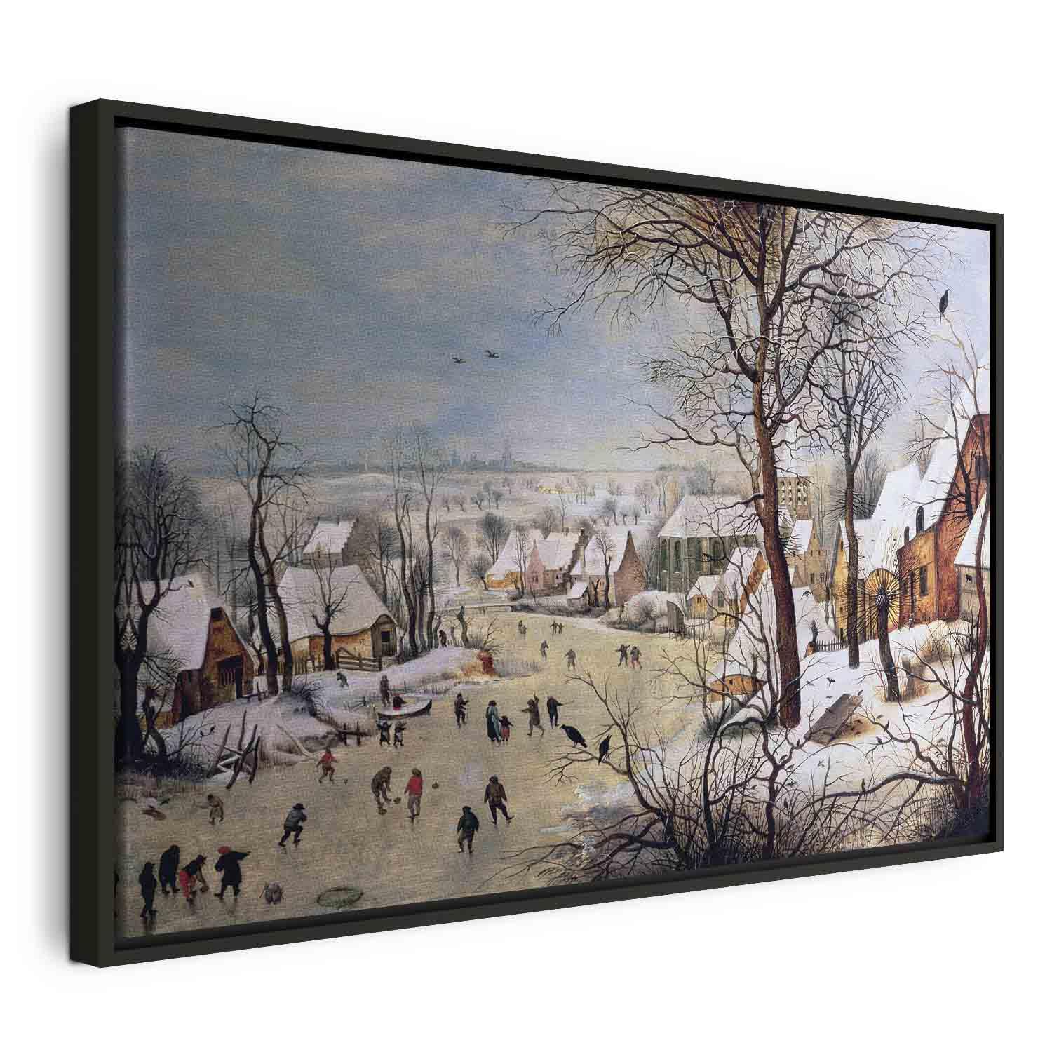 Pieter Bruegel den Ældre billede på lærred - Vinterlandskab med fuglefælde - 120 x 80 cm - I en sort træramme billede