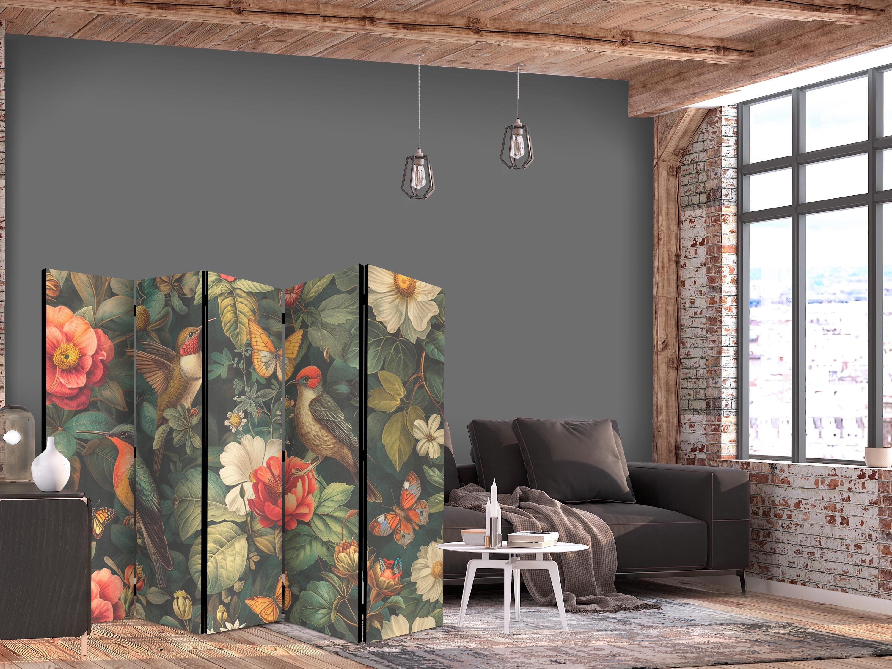 Skærmvæg til rumdeler 5 paneler - Botanisk have med blomster, fugle og sommerfugle - 225 x 172 cm - Dobbeltsiddet billede