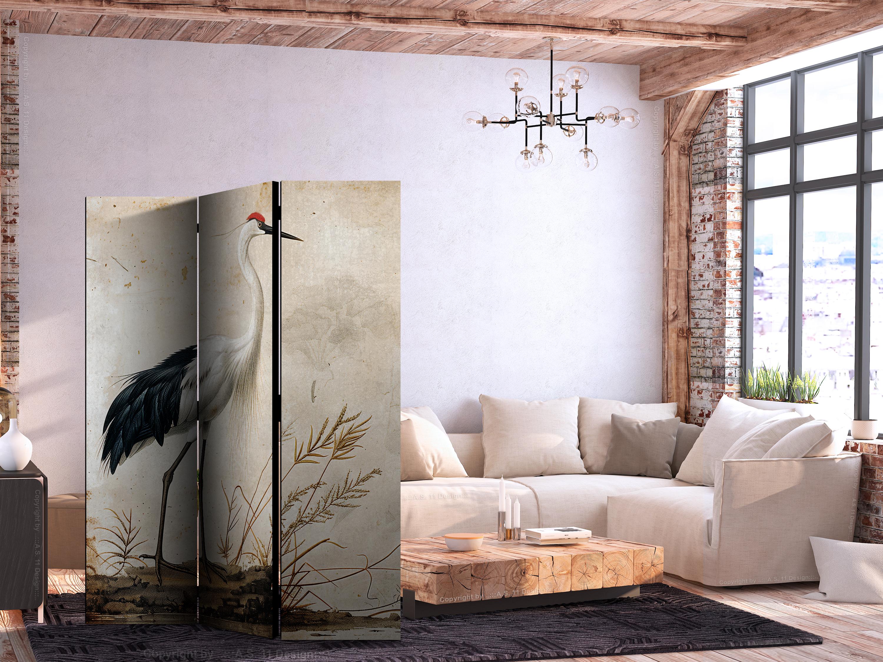 Skærmvæg med fuglemotiv i vintage stil - 3-panels rumdeler med hejre og trane - 135 x 172 cm - Dobbeltsiddet billede