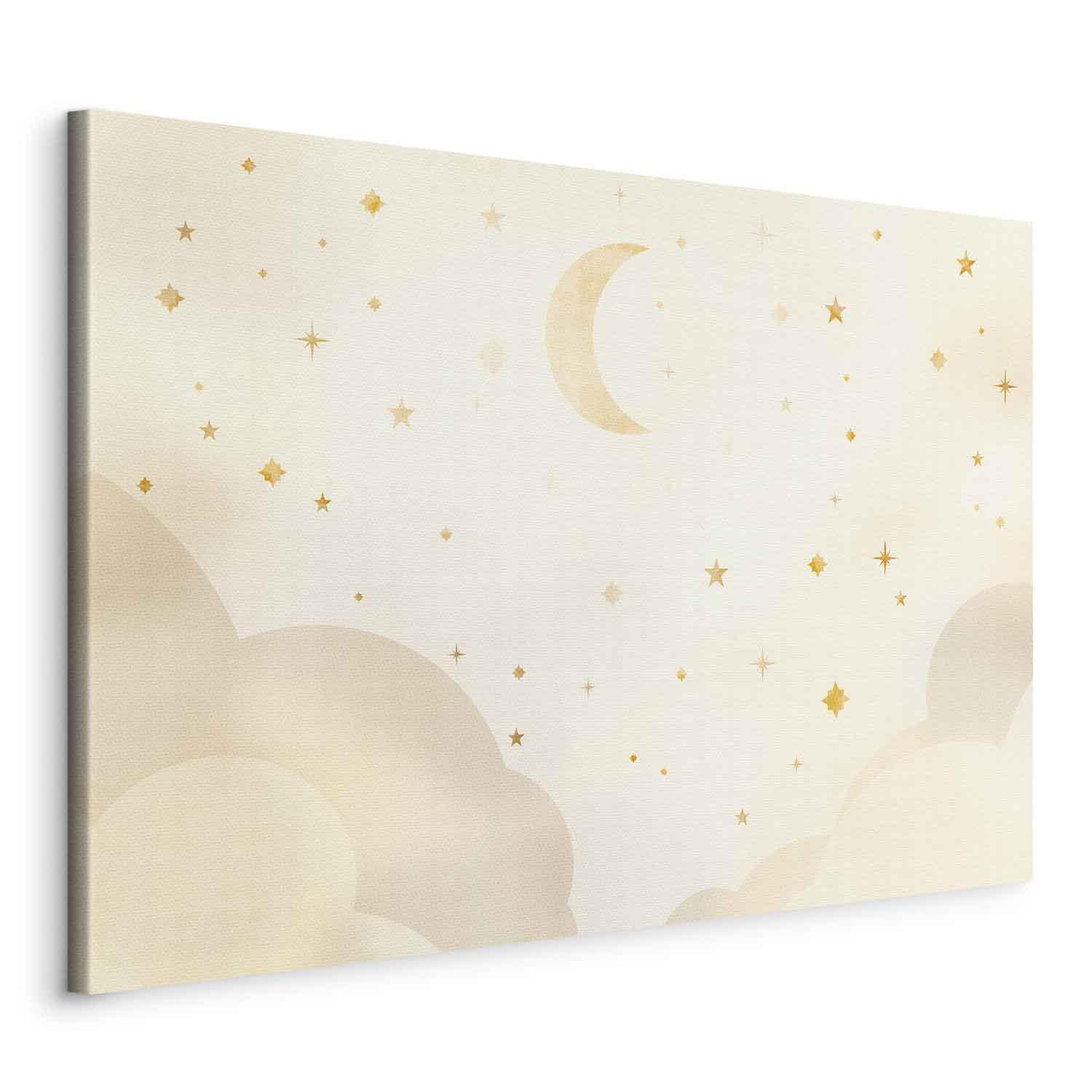 Billede på lærred til børneværelset - Lys nat med måne og stjerner - 120 x 80 cm - På italiensk lærred billede