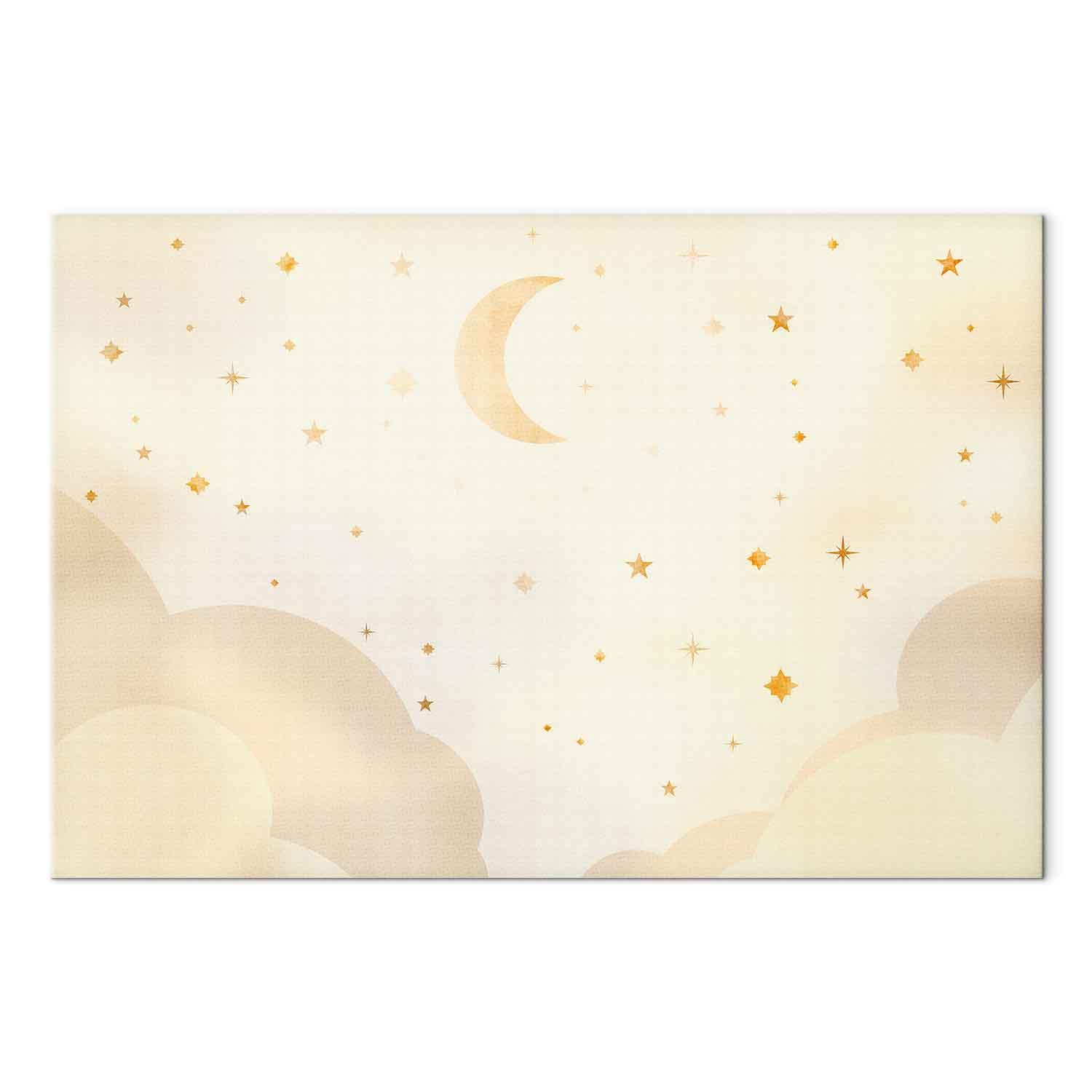 Billede på lærred til børneværelset - Lys nat med måne og stjerner - 120 x 80 cm - Premium Print billede