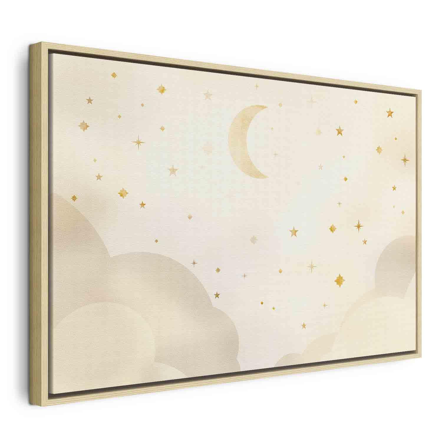 Billede på lærred til børneværelset - Lys nat med måne og stjerner - 120 x 80 cm - I en naturlig træramme billede