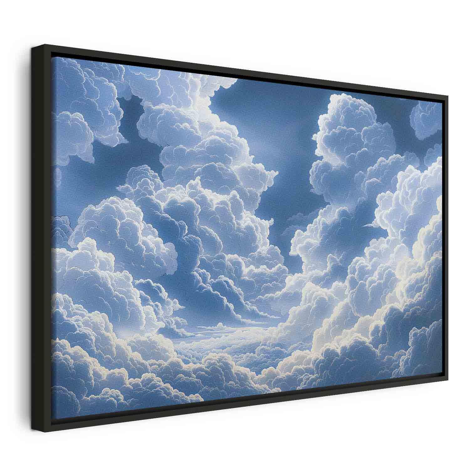 Billede på lærred - Blå himmel gennem hvide skyer vægdekoration - 90 x 60 cm - I en sort træramme