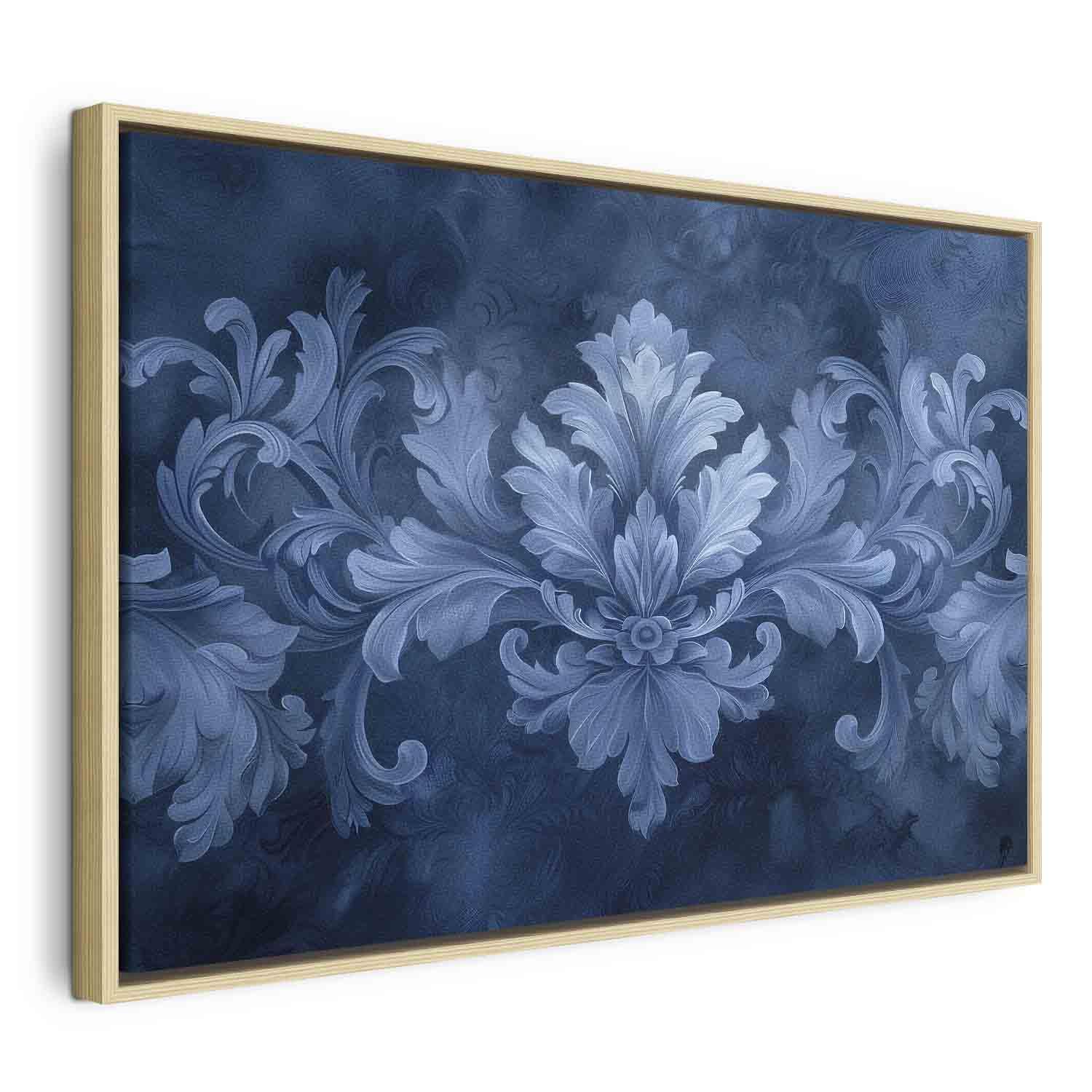 Billede på lærred med blåt ornamentmotiv - mørkeblå vægdekoration - 120 x 80 cm - I en naturlig træramme