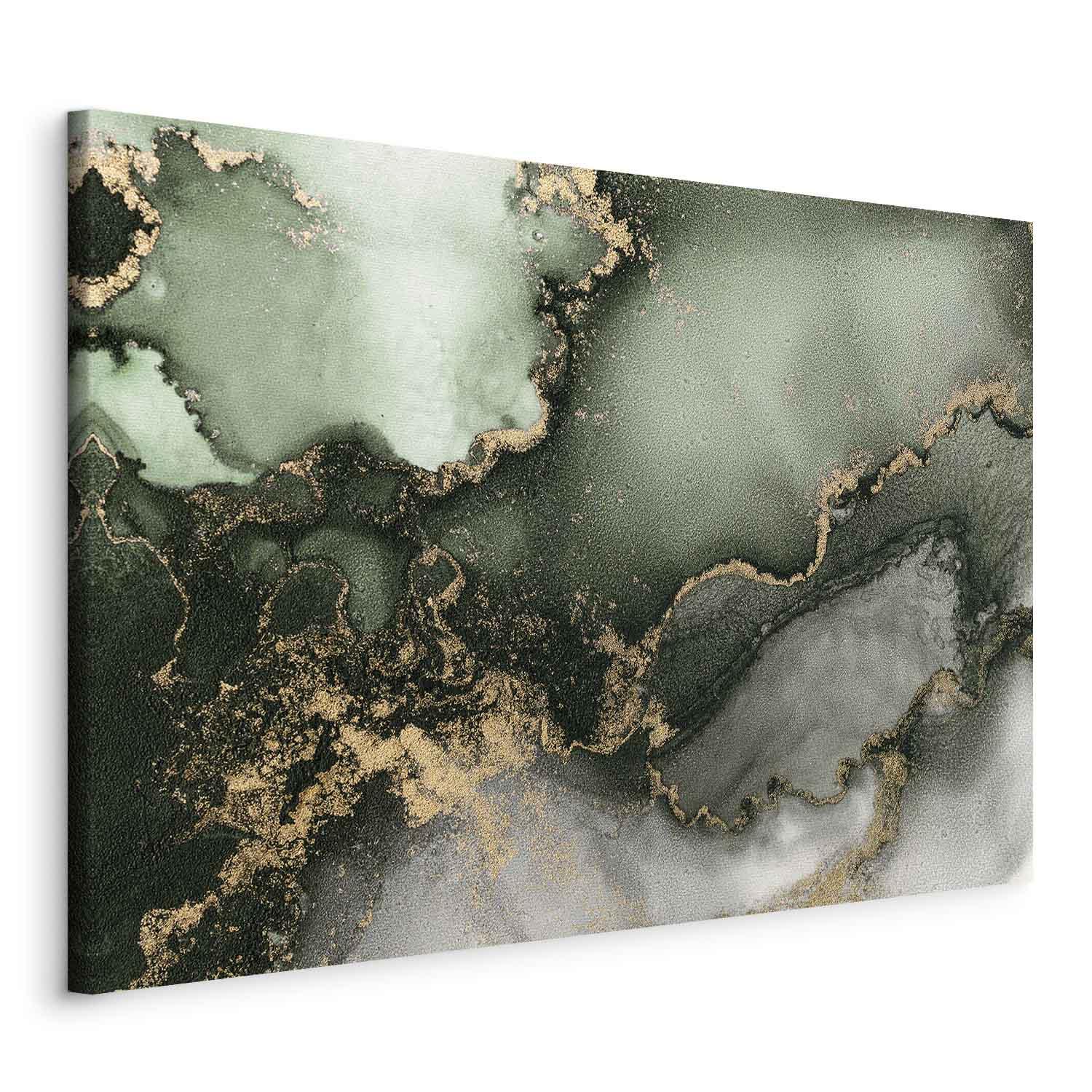 Lærredsbillede Grøn akvarel med abstrakt marmorlook - 90 x 60 cm - På italiensk lærred