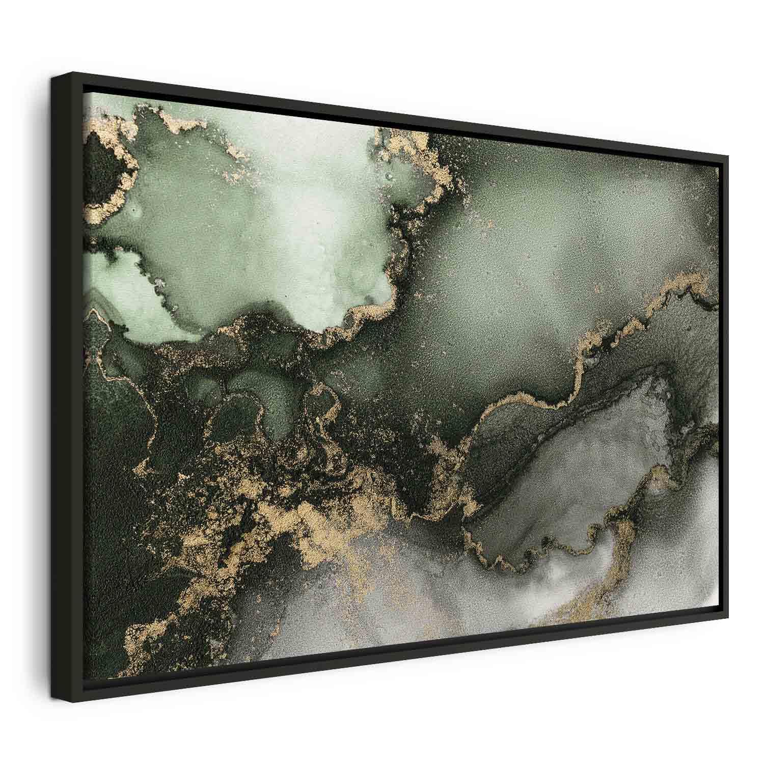Lærredsbillede Grøn akvarel med abstrakt marmorlook - 90 x 60 cm - I en sort træramme
