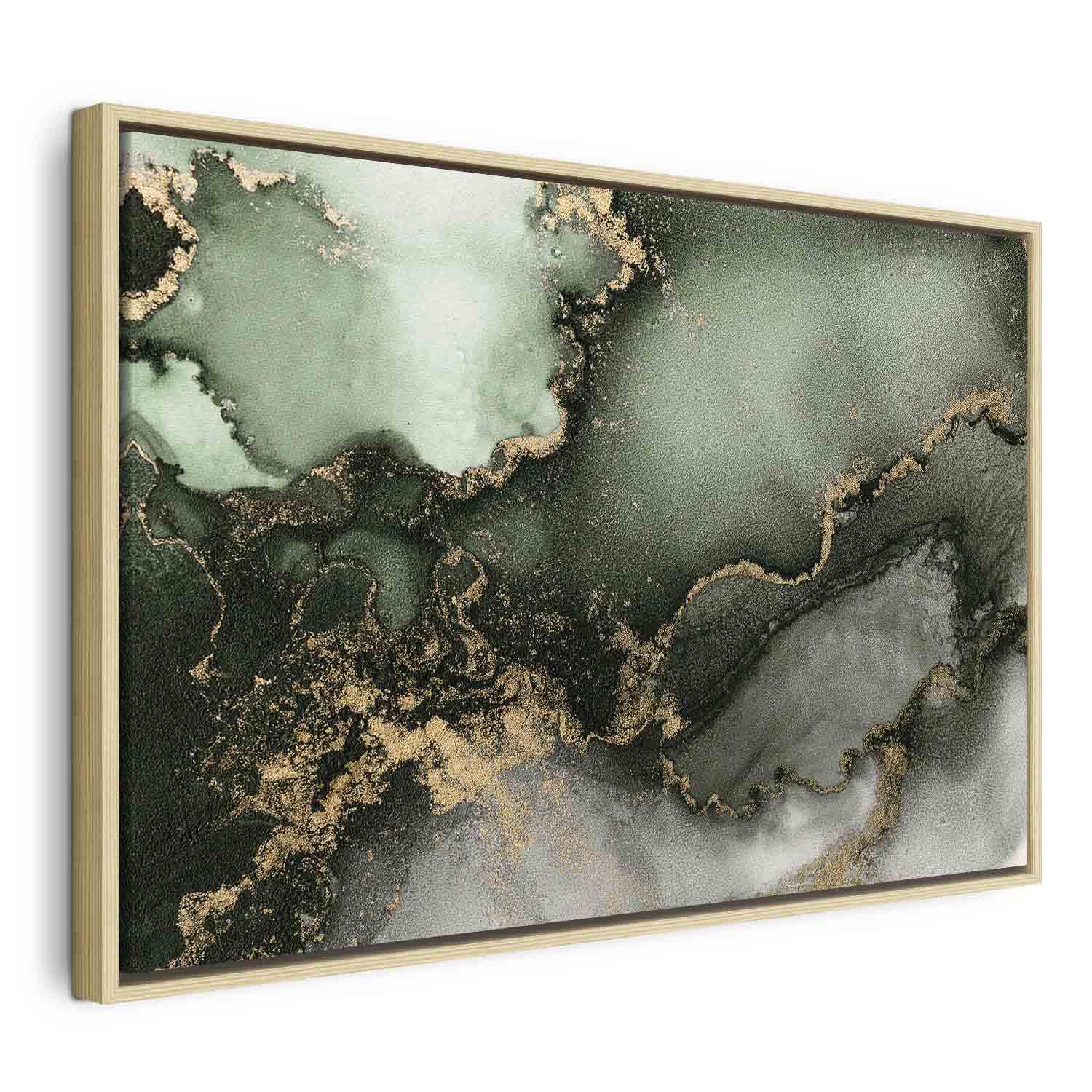 Lærredsbillede Grøn akvarel med abstrakt marmorlook - 90 x 60 cm - I en naturlig træramme
