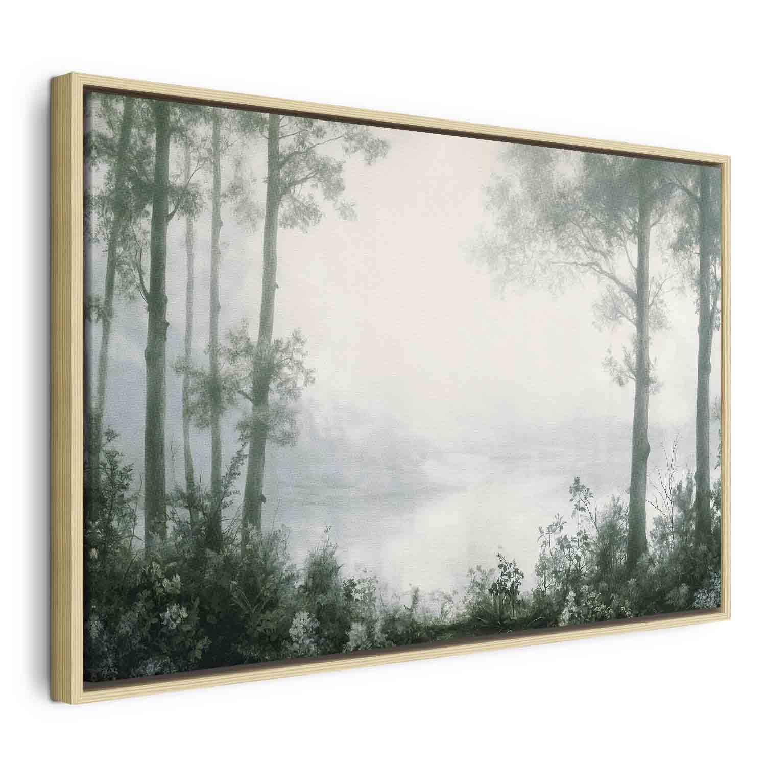 Lærredsbillede med retro landskab, træer og sø i grønne patinerede nuancer - 120 x 80 cm - I en naturlig træramme billede