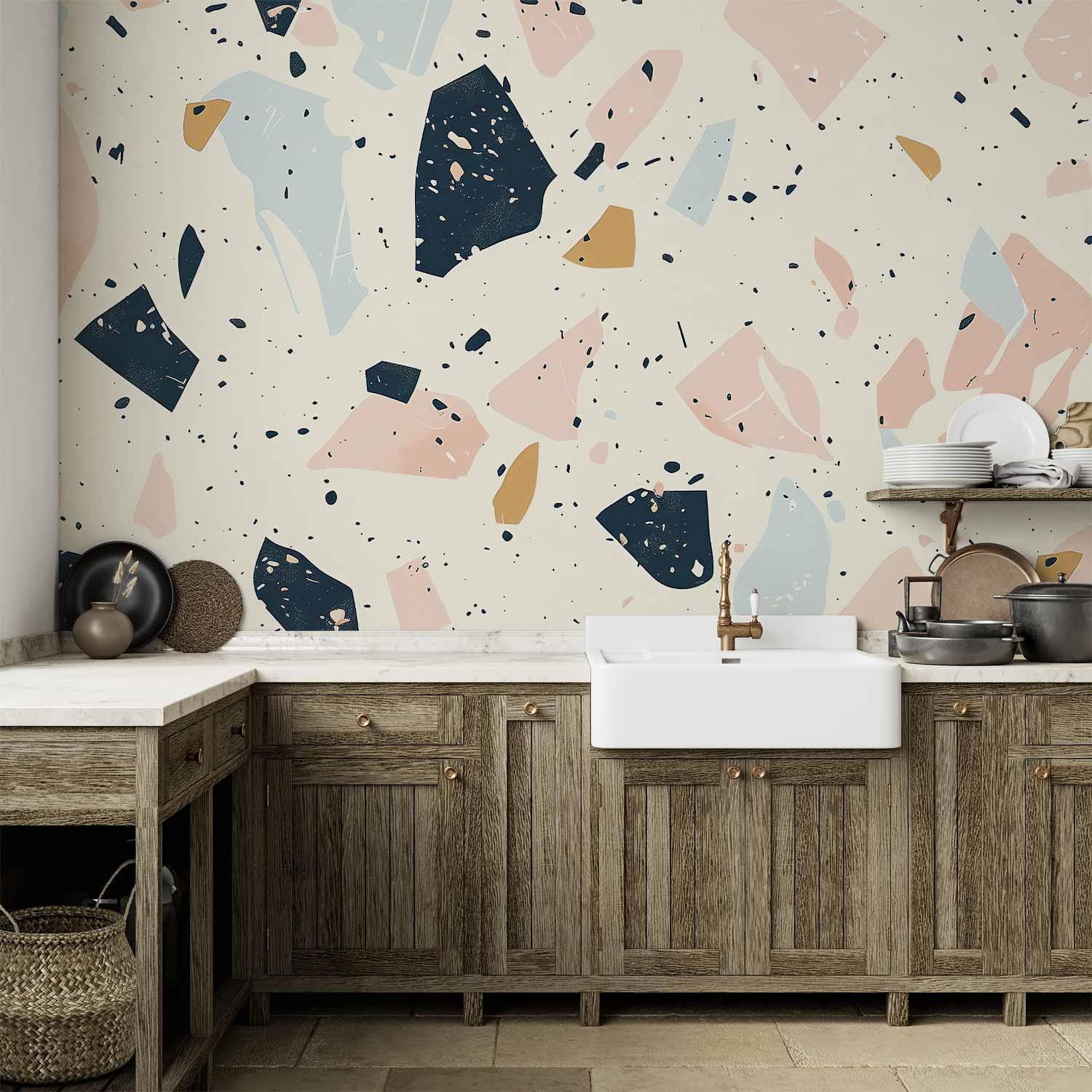 Fototapet med terrazzo i afdæmpede farver og store sten - 400 x 280 cm - Vandtæt