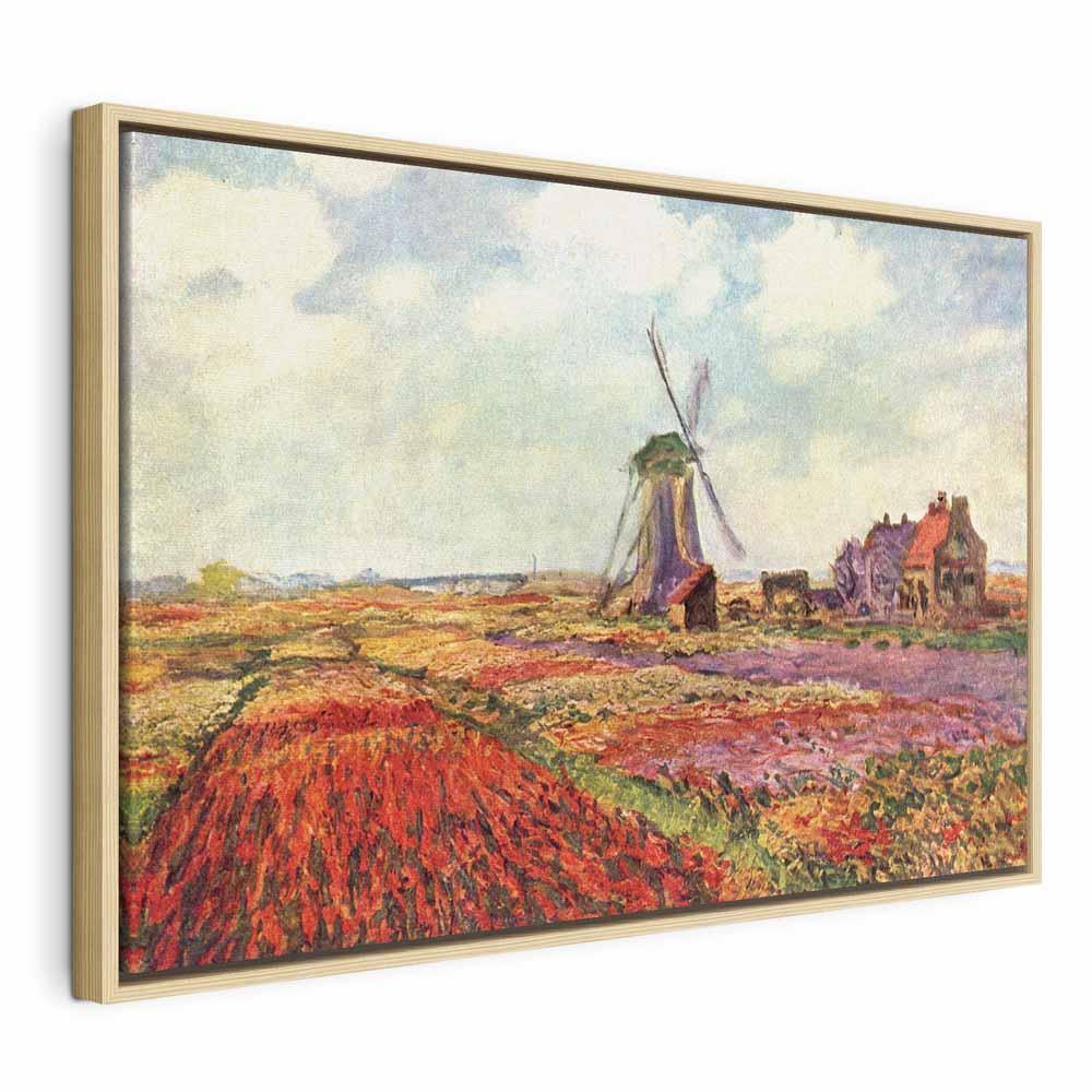 Claude Monet - Tulipanmarker med vindmølle reproduktion på lærred - 120 x 80 cm - I en naturlig træramme
