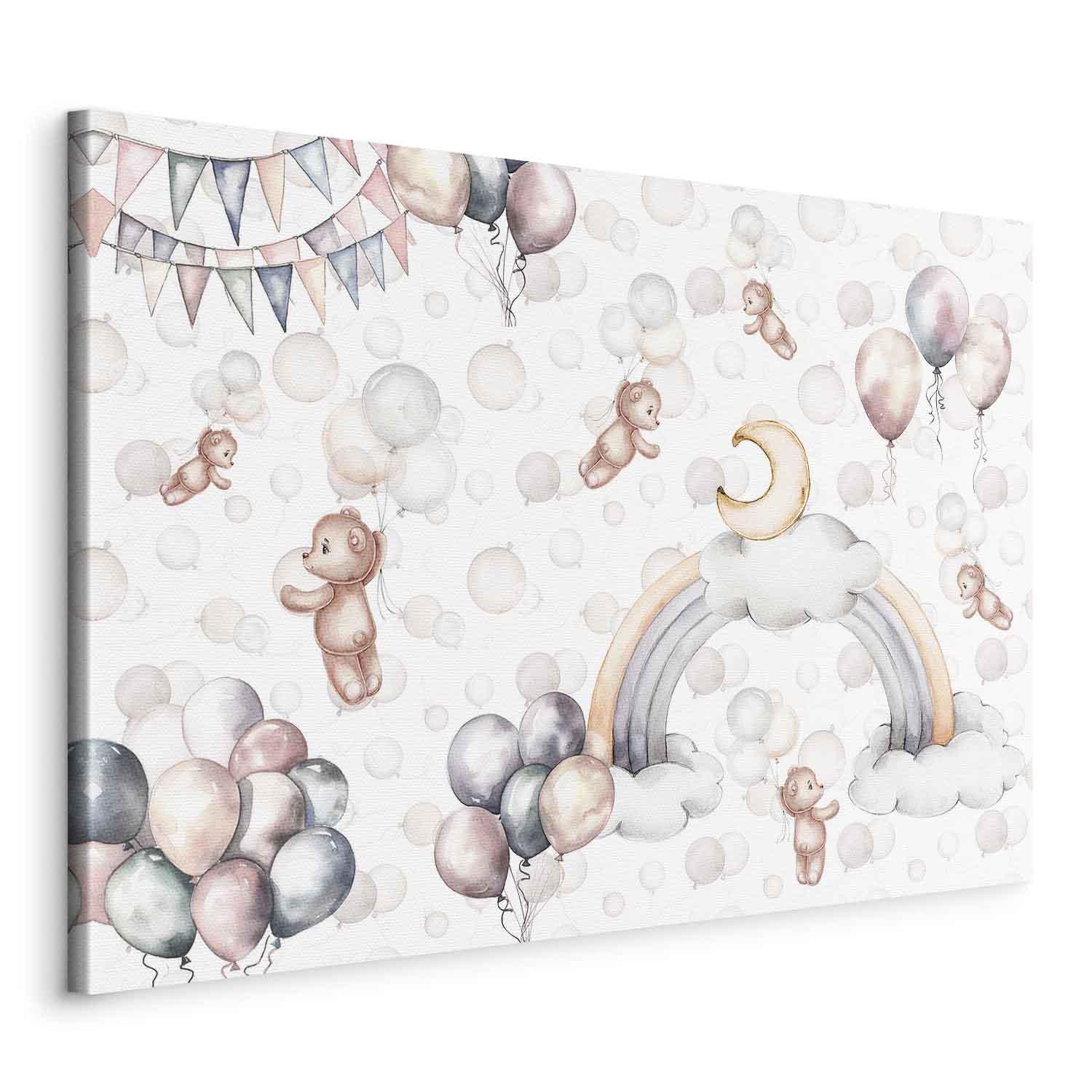 Billede på lærred til børn med bamser, balloner og regnbue i pastelfarver - 90 x 60 cm - På italiensk lærred billede