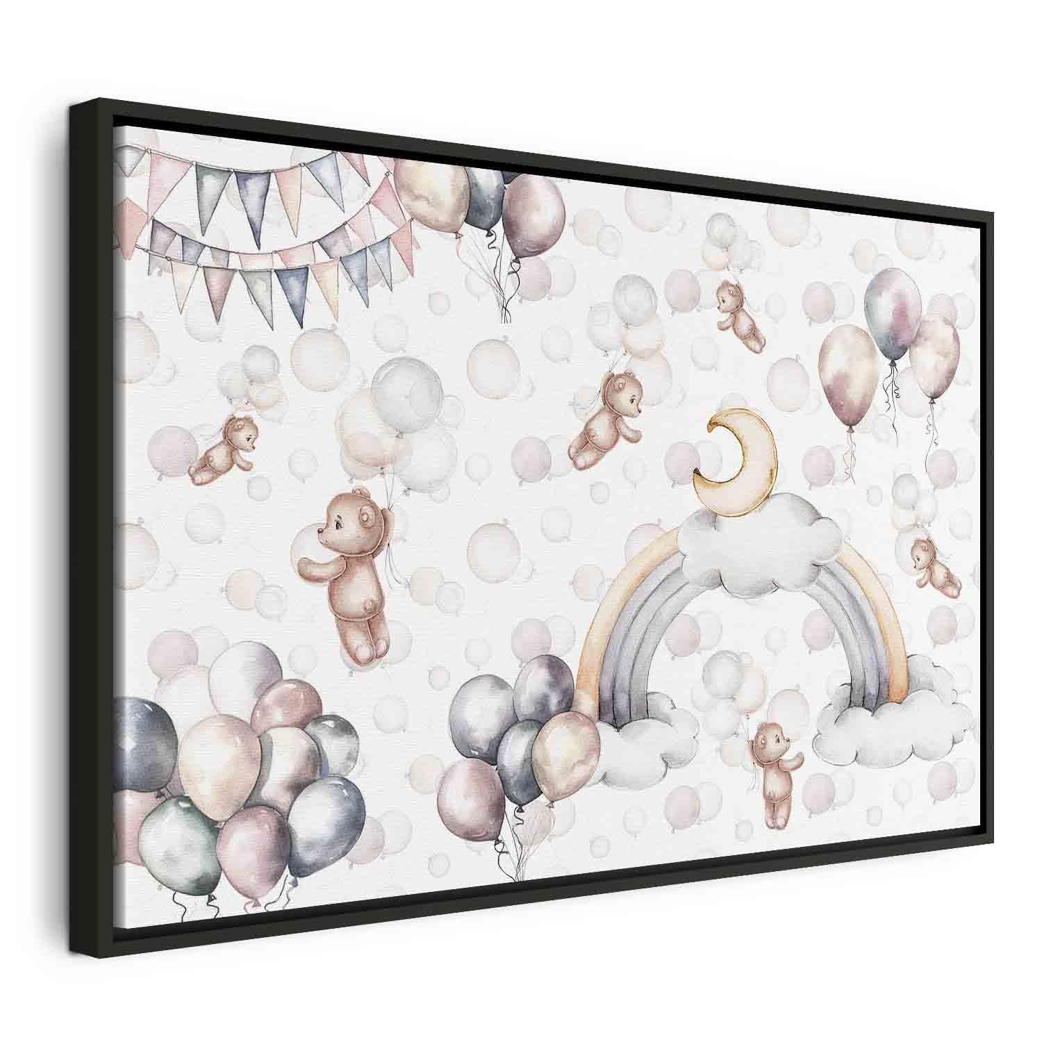 Billede på lærred til børn med bamser, balloner og regnbue i pastelfarver - 120 x 80 cm - I en sort træramme billede