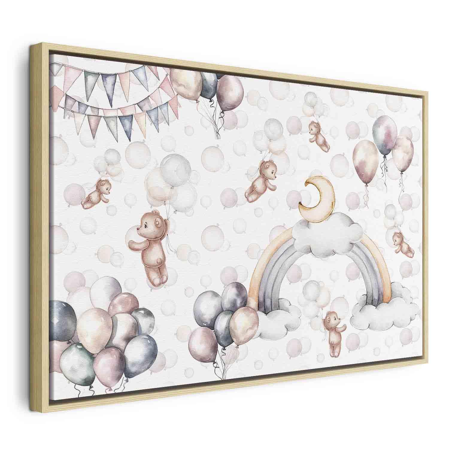 Billede på lærred til børn med bamser, balloner og regnbue i pastelfarver - 120 x 80 cm - I en naturlig træramme billede