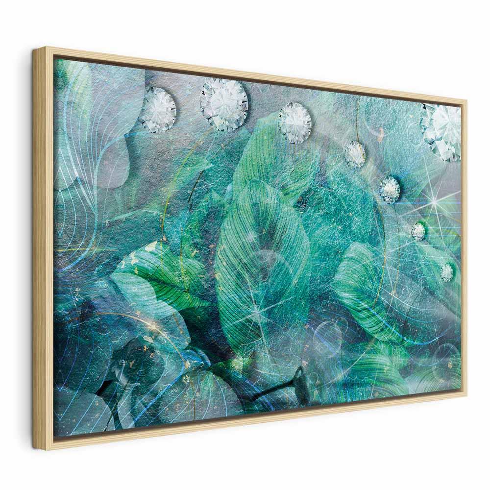 Billede på lærred - Turkise blade 1-delt bredformat vægdekoration - 120 x 80 cm - I en naturlig træramme