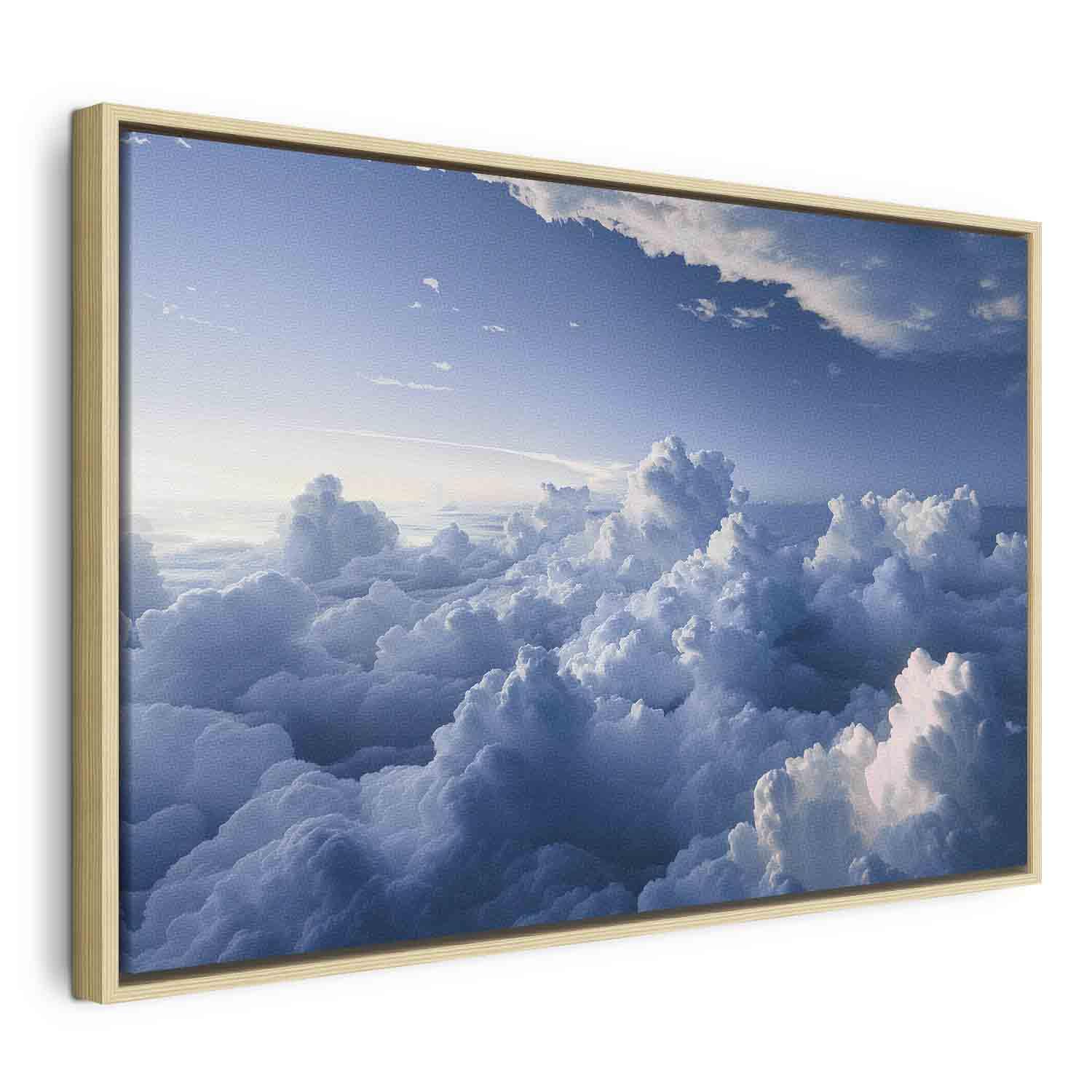 Lærredsbillede - Luftlandskaber: Solstråler oplyser bløde skyformationer - 120 x 80 cm - I en naturlig træramme