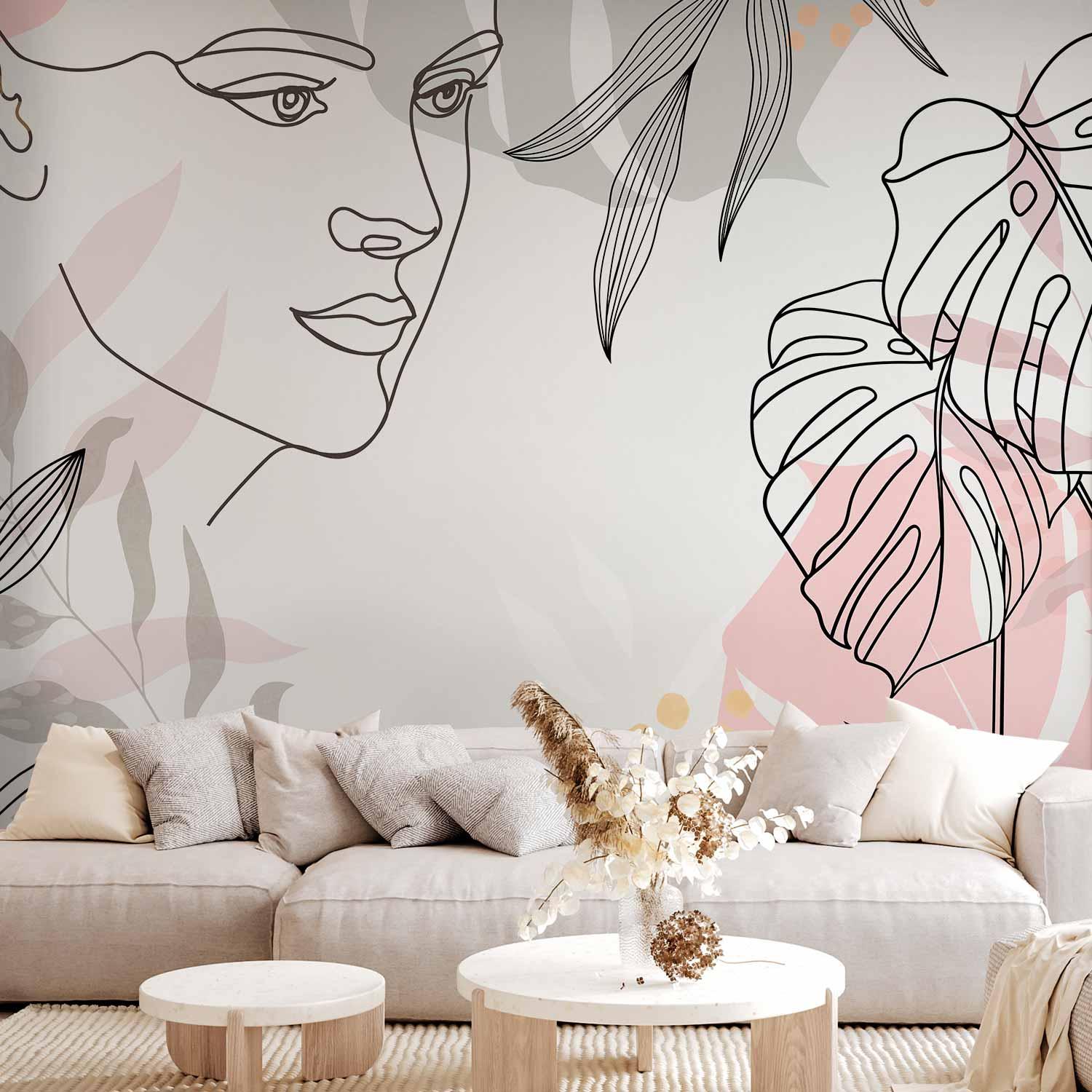 Fototapet til væggen - Feminin Vildskab med lineart og bladmotiv - 400 x 280 cm - Standard