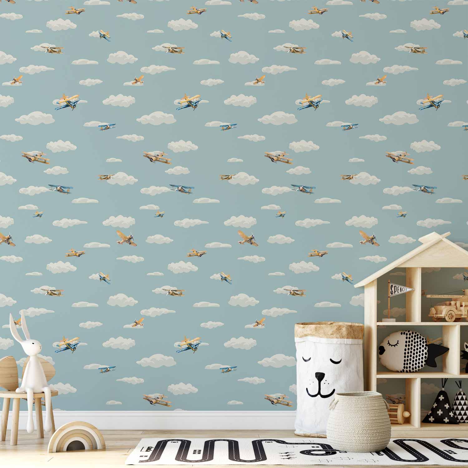 Børnetapet med gul-blå fly på blå himmel - 50 x 1000 cm - Standard billede