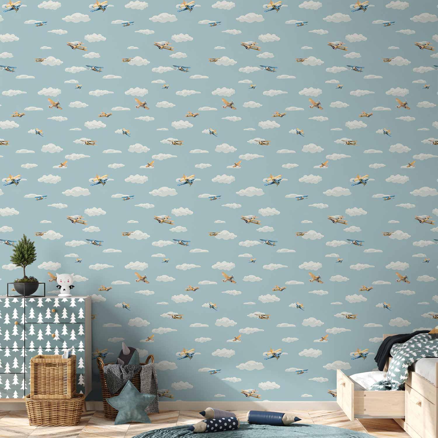 Børnetapet med gul-blå fly på blå himmel - 50 x 1000 cm - Vandtæt billede