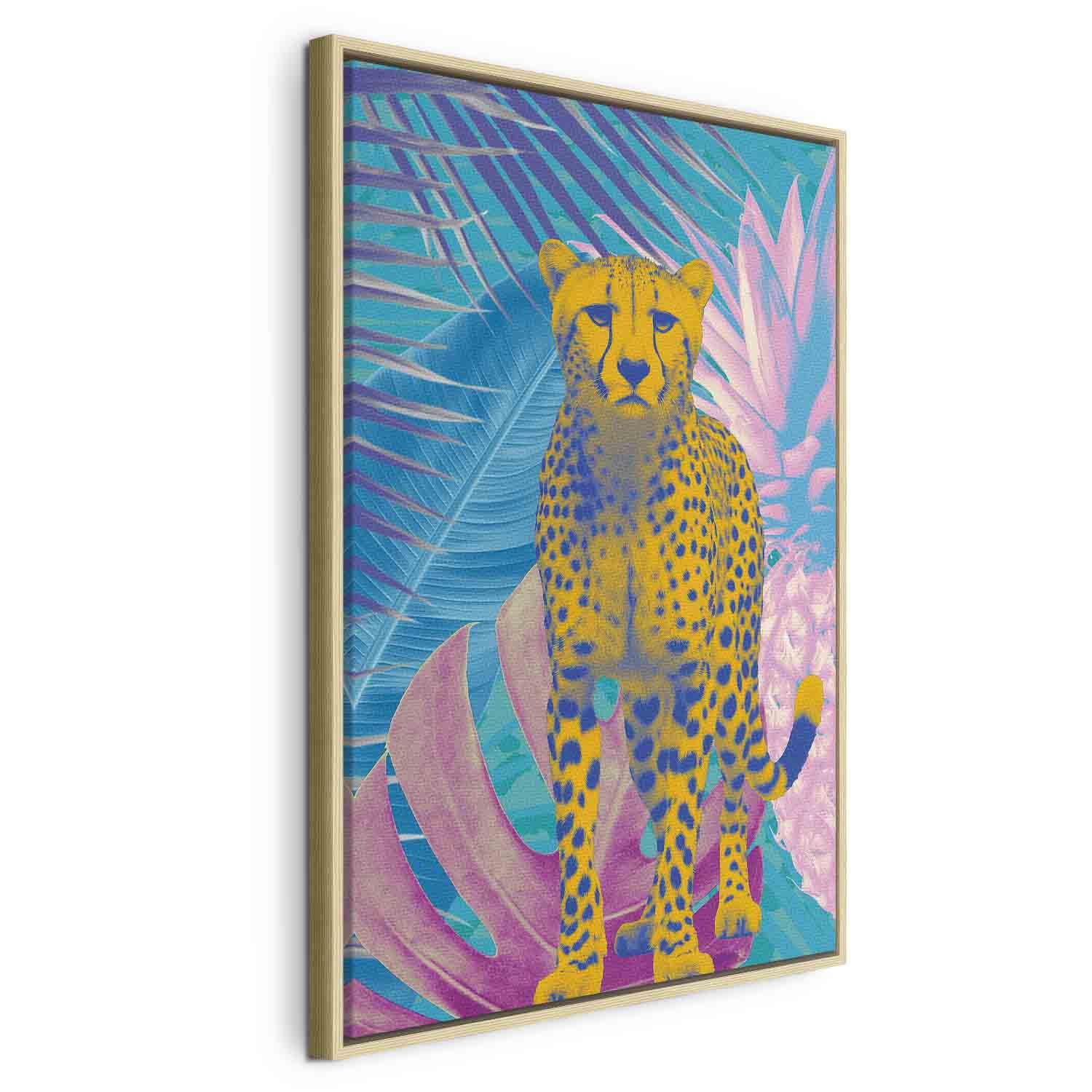 Billede på lærred Exotic Leopard - farverigt gepardmotiv med tropiske blade - 80 x 120 cm - I en naturlig træramme