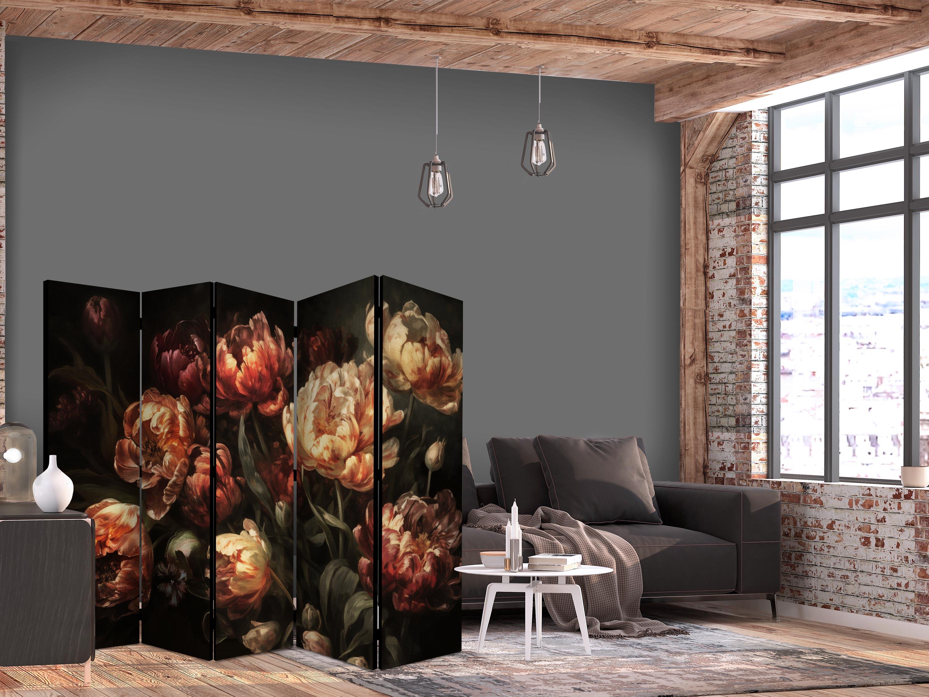 5-panels skærmvæg med tulipaner - rød-hvide blomster på sort baggrund, 225 x 172 cm - 225 x 172 cm - Akustik billede